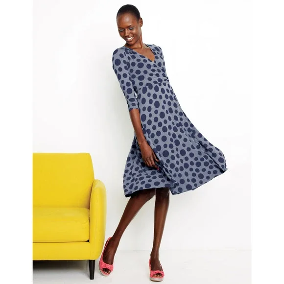 Boden Women 6P Dress Faux Wrap Fit Flare Polka Dots Jersey Purple - Picture 1 of 9